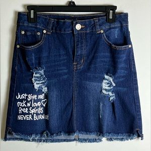 Diamante Women’s Denim Skirt Fringe Hem Graphics Boho Size XL Runs Small